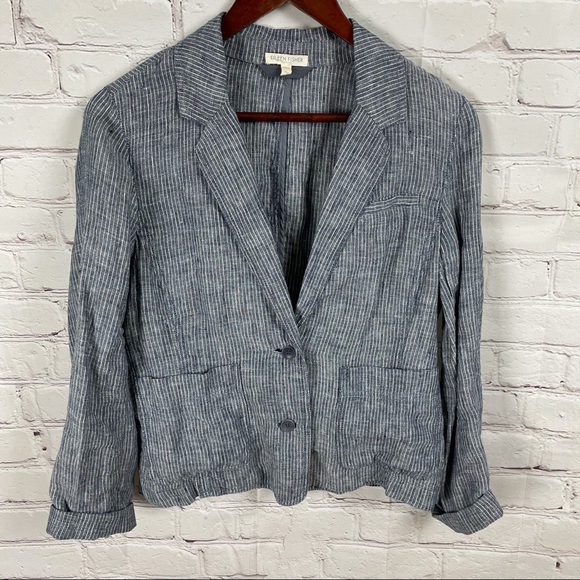 Eileen Fisher chambray railroad Linen Blazer - Picture 6 of 11